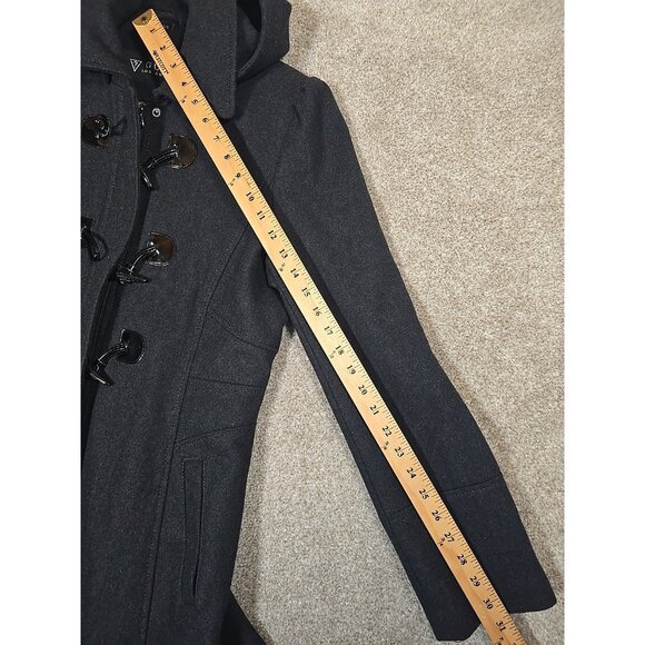 GUESS Wool Blend Winter Coat Gray Lined Toggle Buttons Removable Hood Women's L - Picture 10 of 16